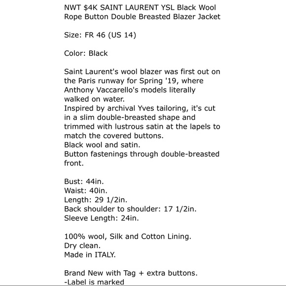 🖤 SAINT LAURENT YSL Wool Rope Button Jacket 46/14 - Picture 12 of 12